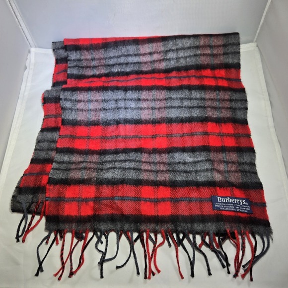 Burberry Fringe Wool Cashmere Scarf Red Gray Plaid Check Made in Scotland VTG - Picture 1 of 5